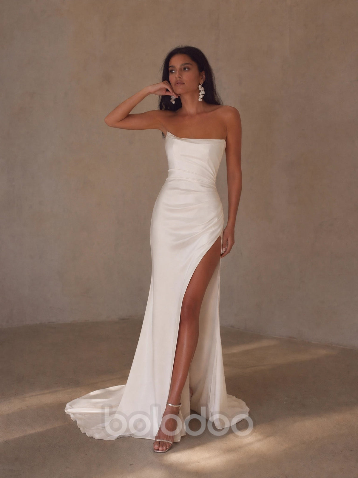 BOLODOO White Strapless Straight Neck Ruched Satin Mermaid Wedding Gown - front view 2 with train | BOLODOO watermark