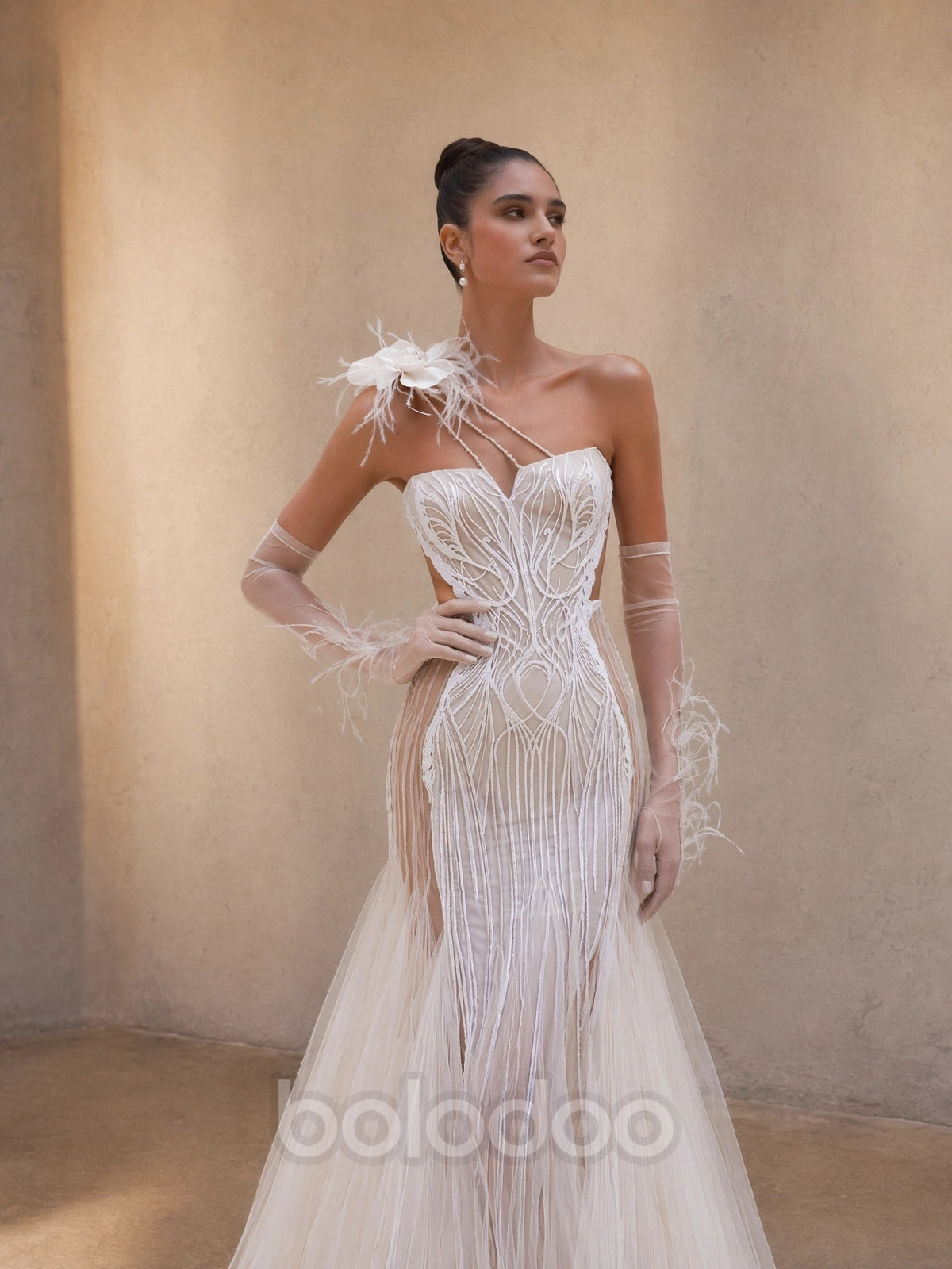 BOLODOO Ivory Radiating Beaded Fringe Mermaid Wedding Gown - front bodice close-up radiating beaded fringe and feather corsage detail | BOLODOO watermark