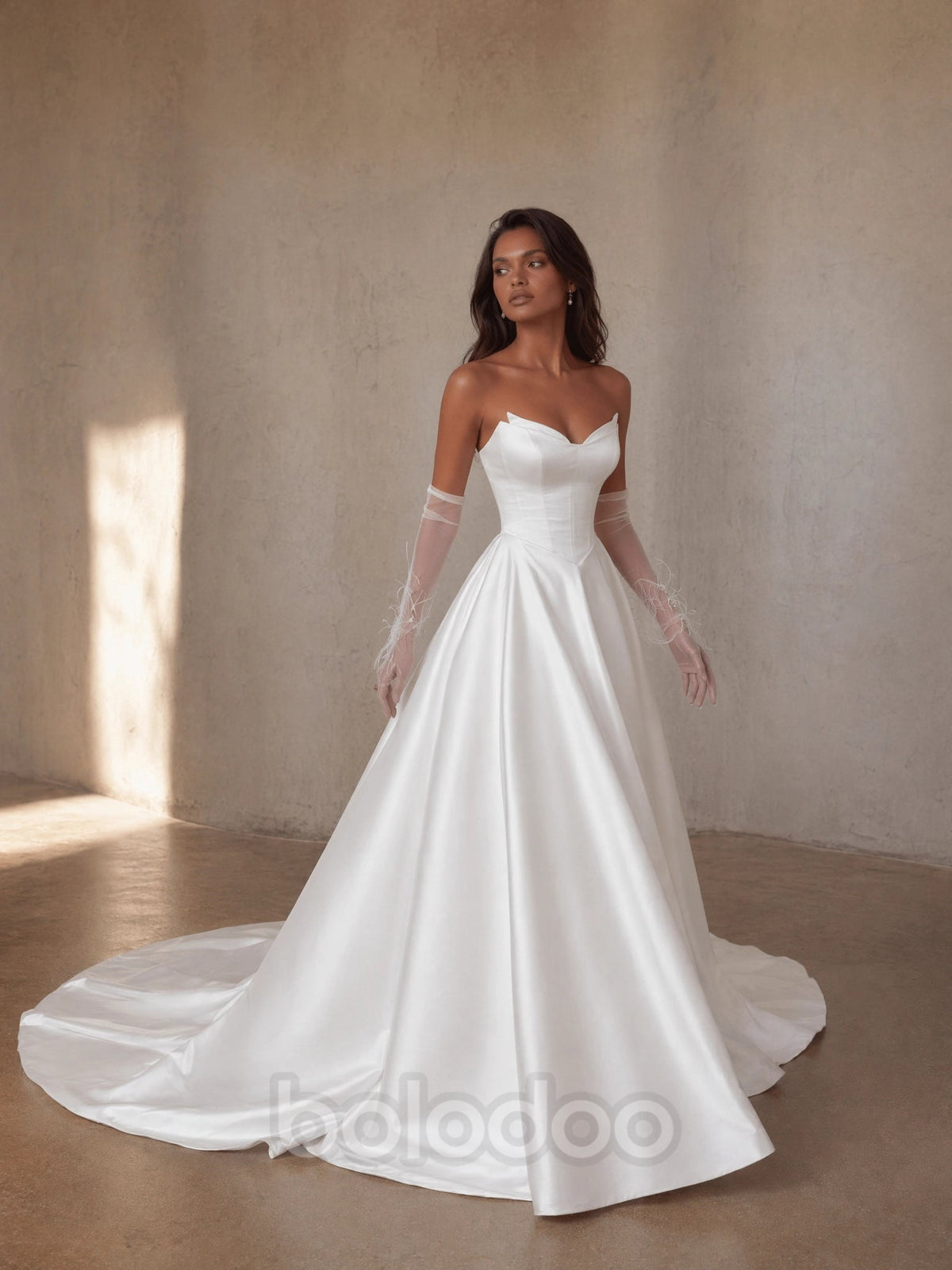 BOLODOO White Strapless Sweetheart Satin A-Line Princess Ball Gown - front view 2 with feather gloves and sweeping train | BOLODOO watermark