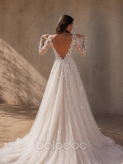 BOLODOO Ivory Deep V-Neck Sheer Long Sleeve 3D Floral Glitter Tulle A-Line Wedding Gown - back view deep V open back with cathedral train | BOLODOO watermark