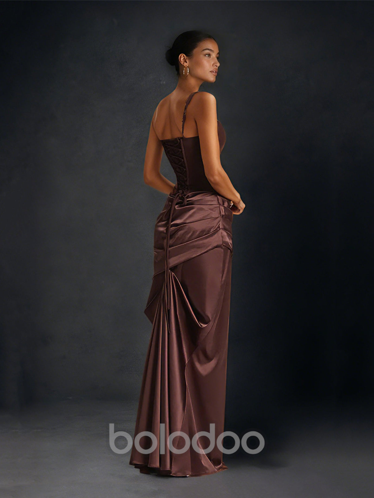 BOLODOO chocolate brown satin corset top and mermaid maxi skirt set - front full body view | BOLODOO watermark