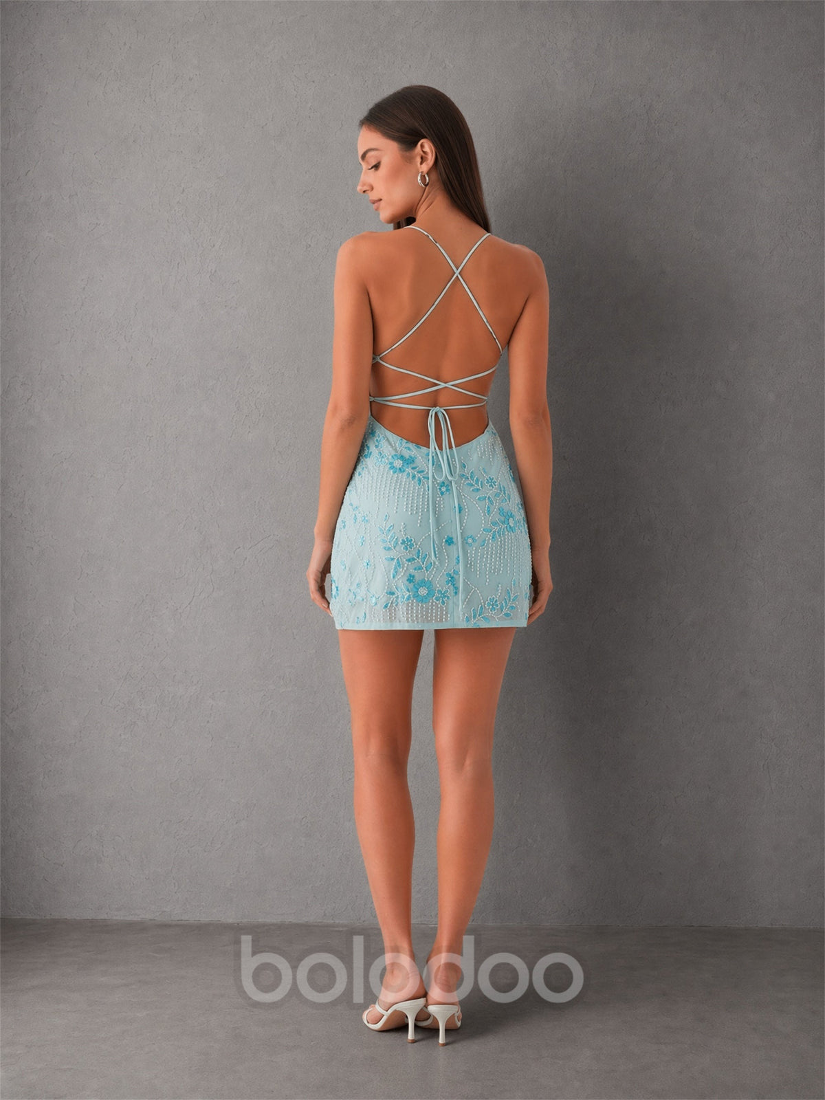 BOLODOO mint blue 3D floral backless mini dress - back view showing criss-cross multi-strap open back detail | BOLODOO watermark