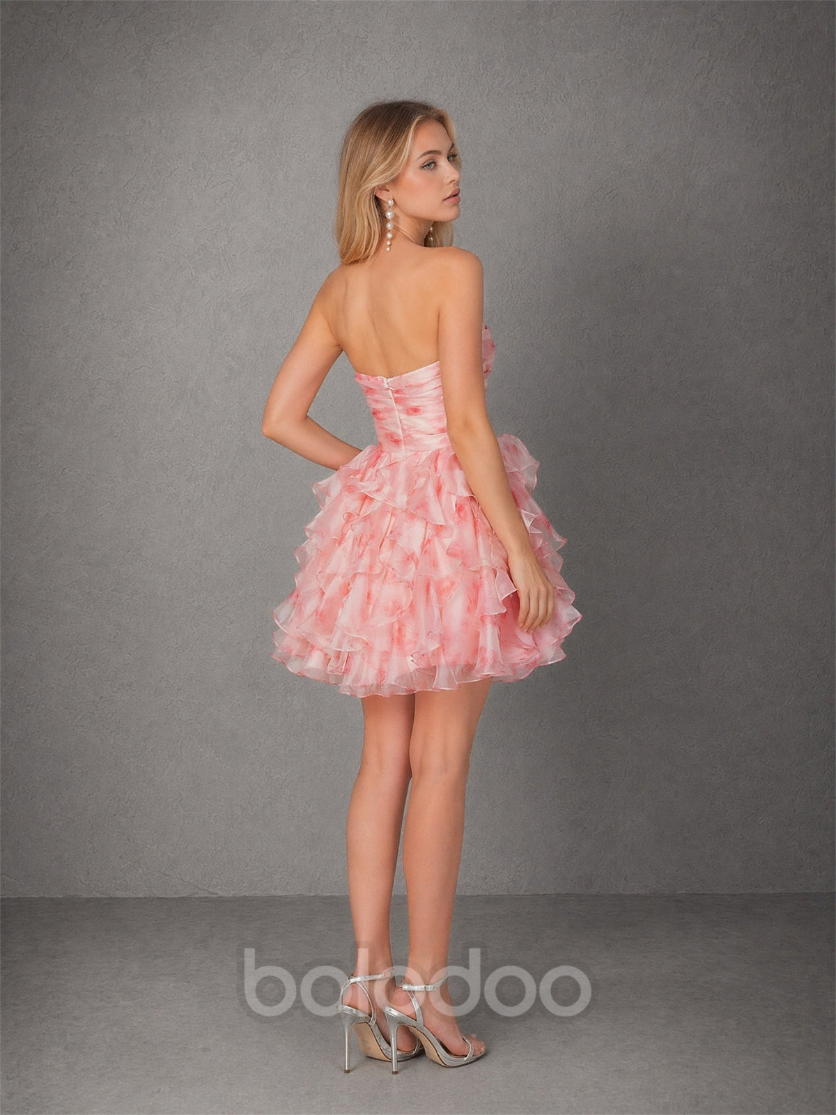 BOLODOO pink strapless organza bubble mini dress - back view showing open back, concealed zipper and cascading ruffle skirt | BOLODOO watermark