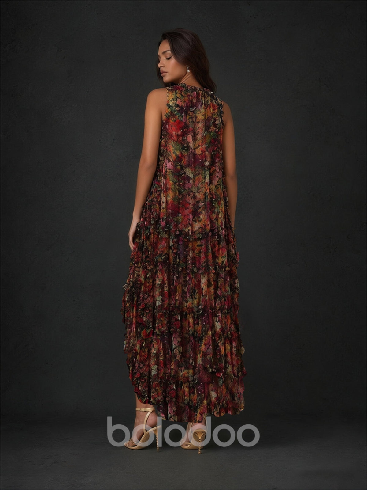 BOLODOO burgundy multicolor floral pleated chiffon hi-lo dress - back view showing high mock neck coverage and trailing hi-lo hem | BOLODOO watermark