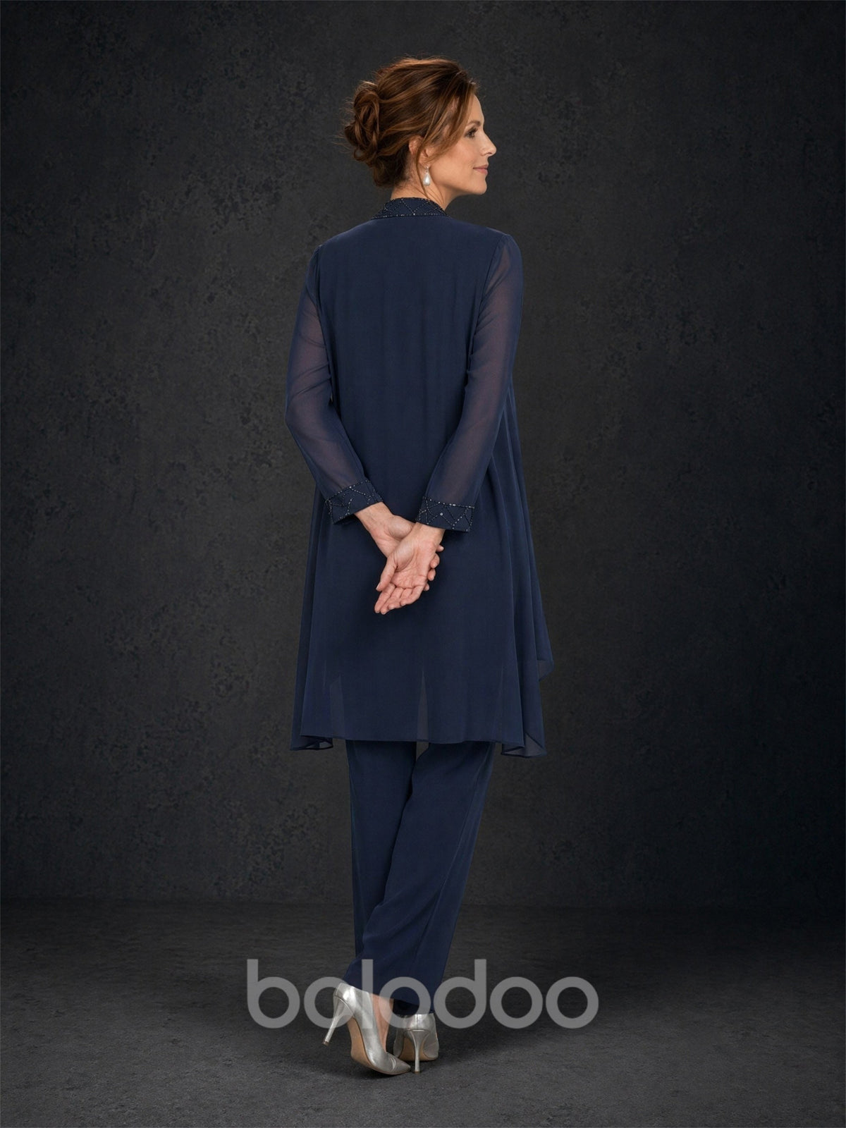 BOLODOO navy blue 3-piece beaded chiffon duster jacket pant suit - front walking view showing open-front longline chiffon jacket, beaded top and straight-leg pants | BOLODOO watermark