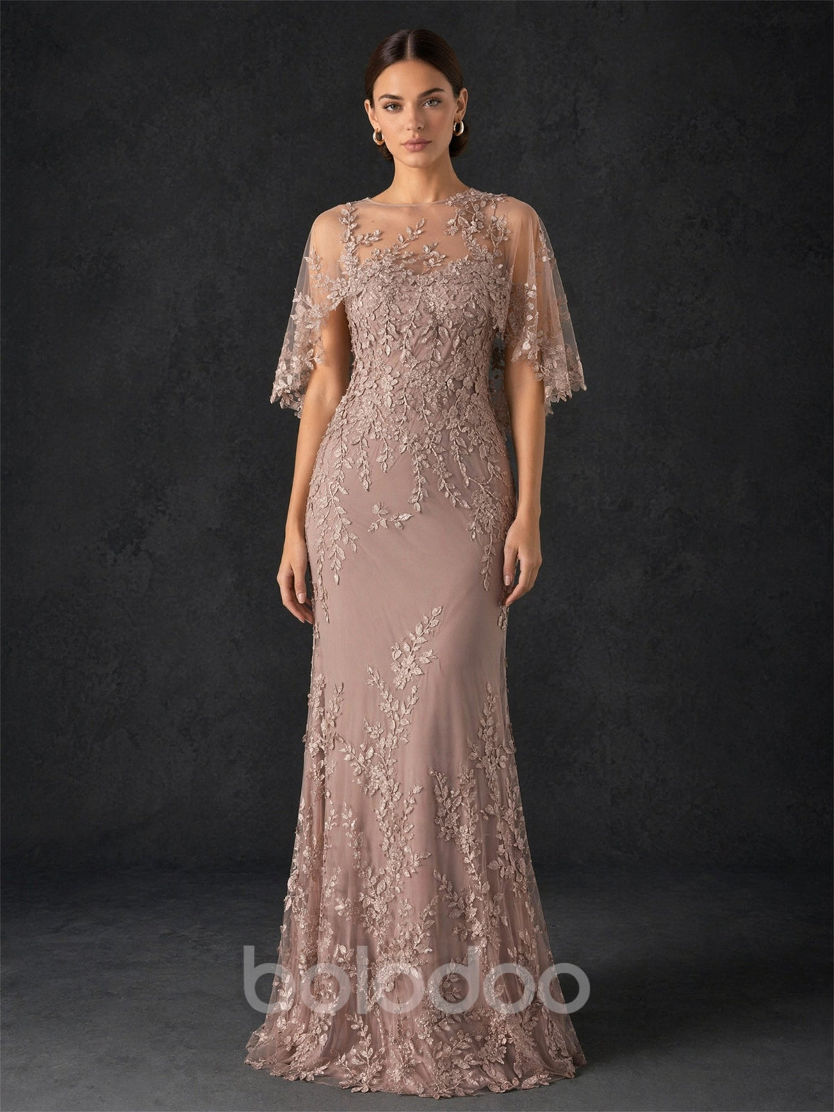 BOLODOO mocha rose lace flutter sleeve mermaid gown - front three-quarter view showing all-over botanical vine leaf lace embroidery and floor-length silhouette | BOLODOO watermark