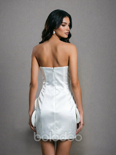 BOLODOO white 3D floral satin strapless mini wedding dress - back view showing open back and zipper | BOLODOO watermark