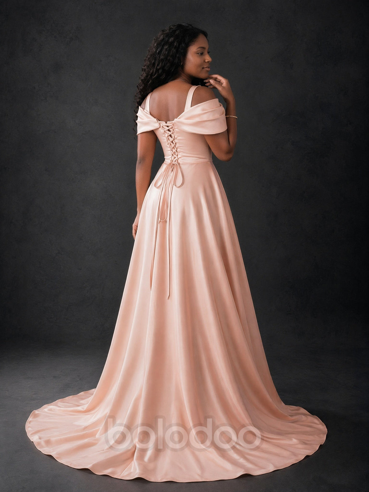 BOLODOO blush pink off-shoulder satin maxi dress - back view showing open back lace-up corset closure and train | BOLODOO watermark