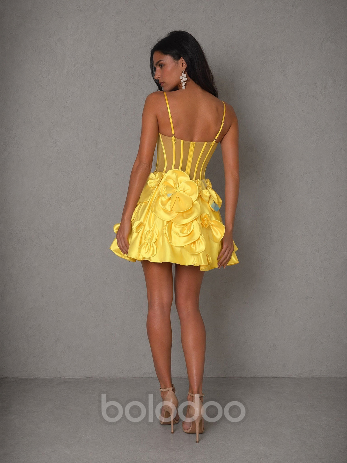 BOLODOO yellow 3D floral satin corset mini dress - back view showing open back exposed corset boning structure | BOLODOO watermark