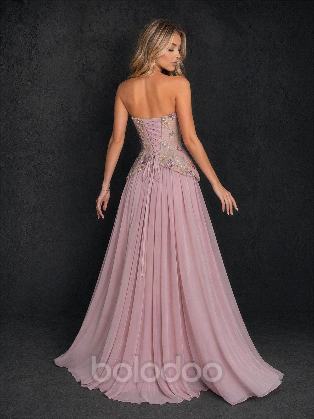 BOLODOO mauve strapless beaded floral corset chiffon maxi gown - front upper body close-up showing 3D floral embroidery and sequin beading detail | BOLODOO watermark