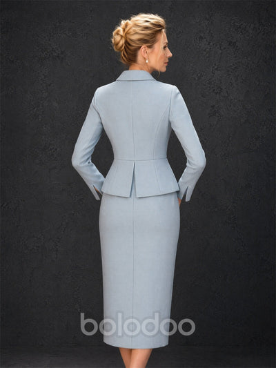 BOLODOO ice blue long sleeve peplum jacket and midi pencil skirt suit - front full length smiling walking pose | BOLODOO watermark