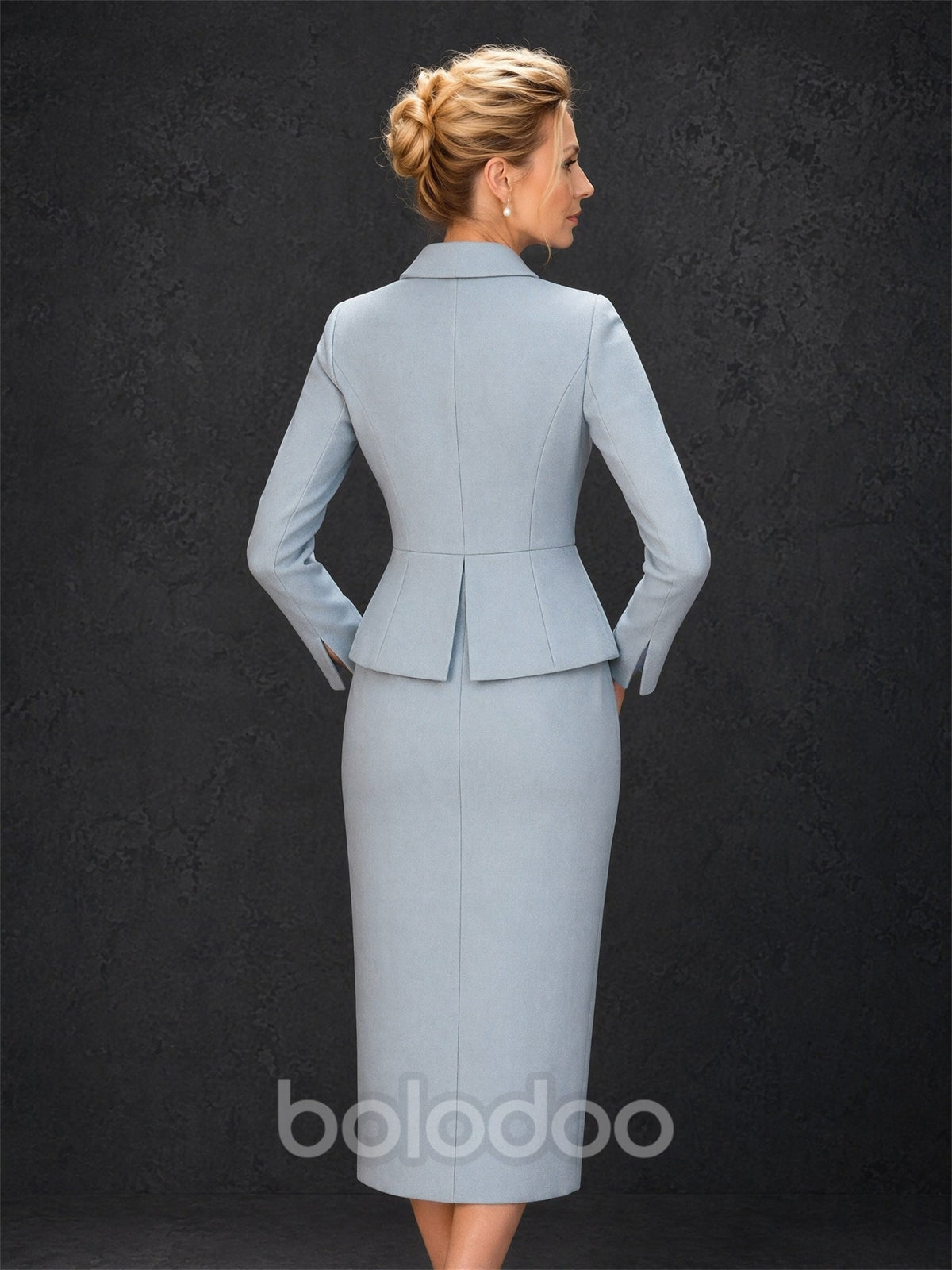BOLODOO ice blue long sleeve peplum jacket and midi pencil skirt suit - front full length smiling walking pose | BOLODOO watermark