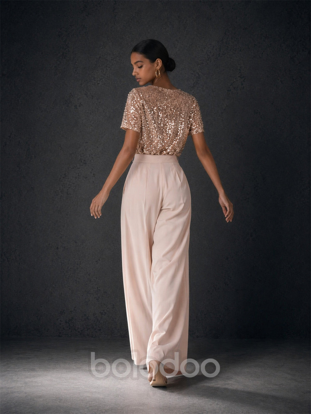 BOLODOO rose gold sequin top blush wide leg pants two-piece set - back full length view showing covered back and wide leg pants | BOLODOO watermark