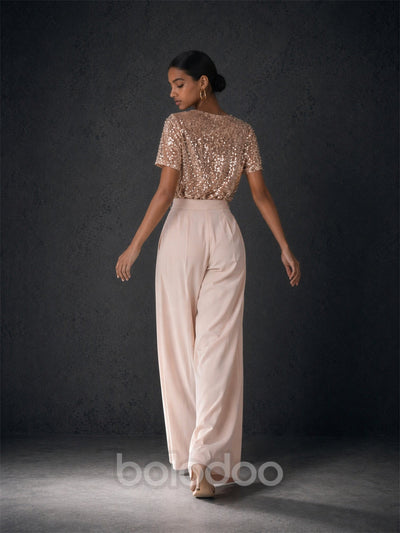 BOLODOO rose gold sequin top blush wide leg pants two-piece set - back full length view showing covered back and wide leg pants | BOLODOO watermark