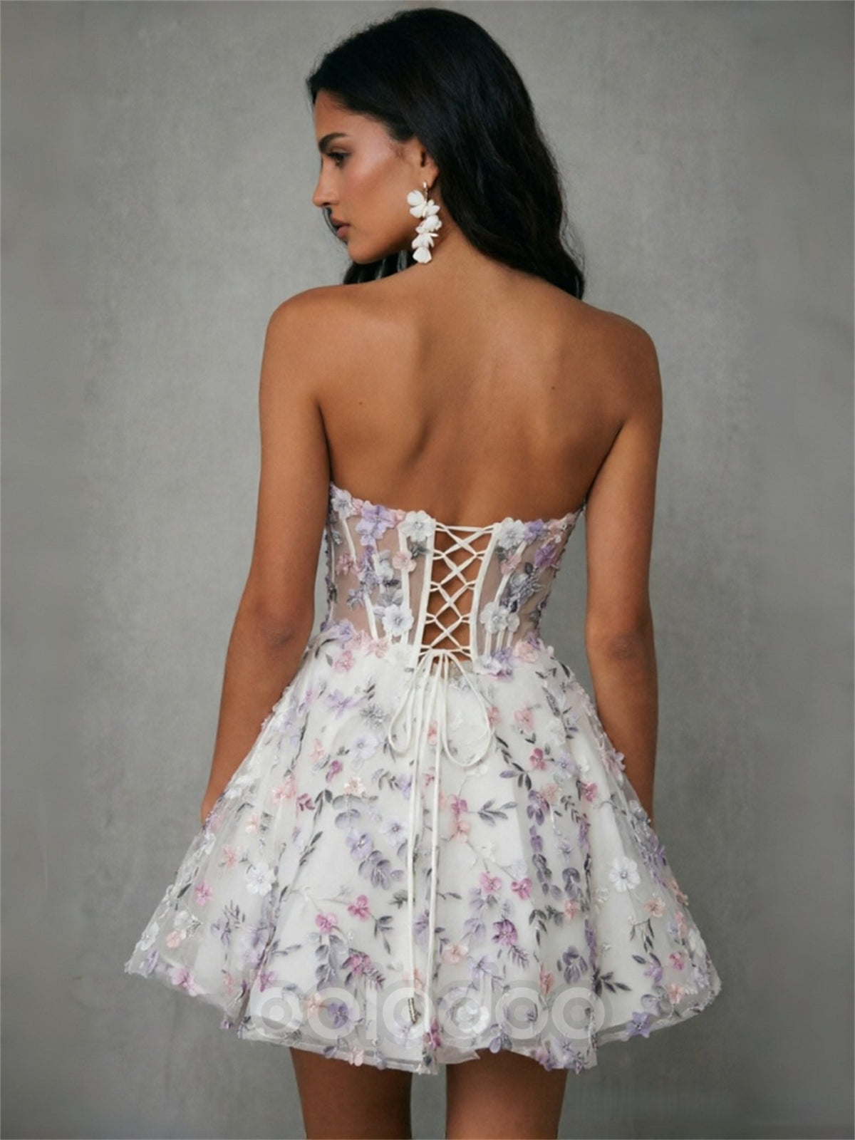 BOLODOO white lavender 3D floral boned corset mini dress - front half body close-up showing 3D floral appliqué and sheer boned corset detail | BOLODOO watermark