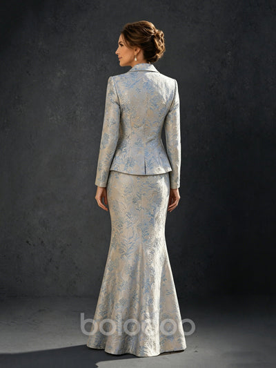 BOLODOO Silver Blue Floral Jacquard 2-Piece Blazer & Mermaid Maxi Skirt Set – Long Sleeve Notch Lapel Mother of the Brid | BOLODOO watermark