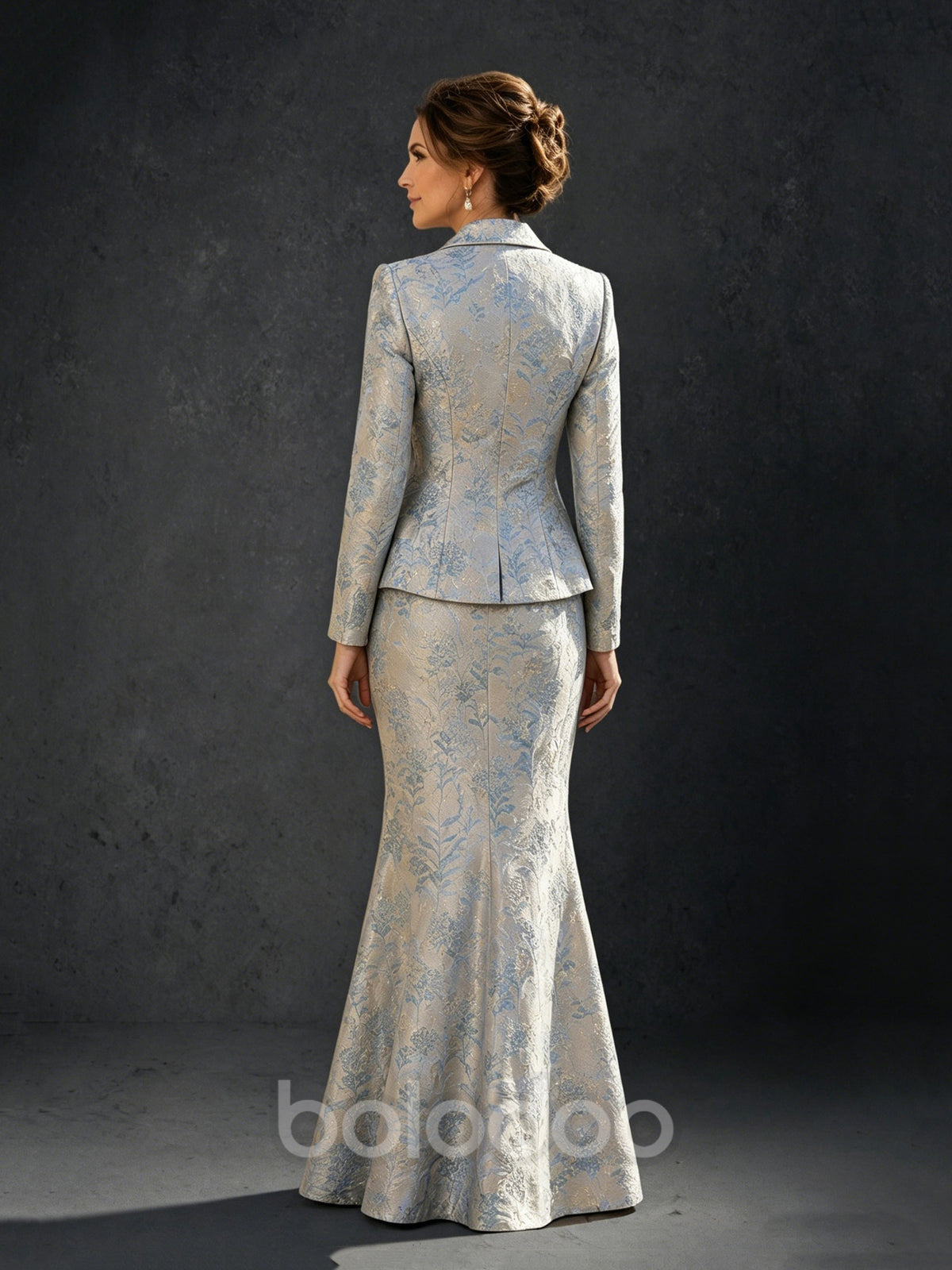 BOLODOO Silver Blue Floral Jacquard 2-Piece Blazer & Mermaid Maxi Skirt Set – Long Sleeve Notch Lapel Mother of the Brid | BOLODOO watermark