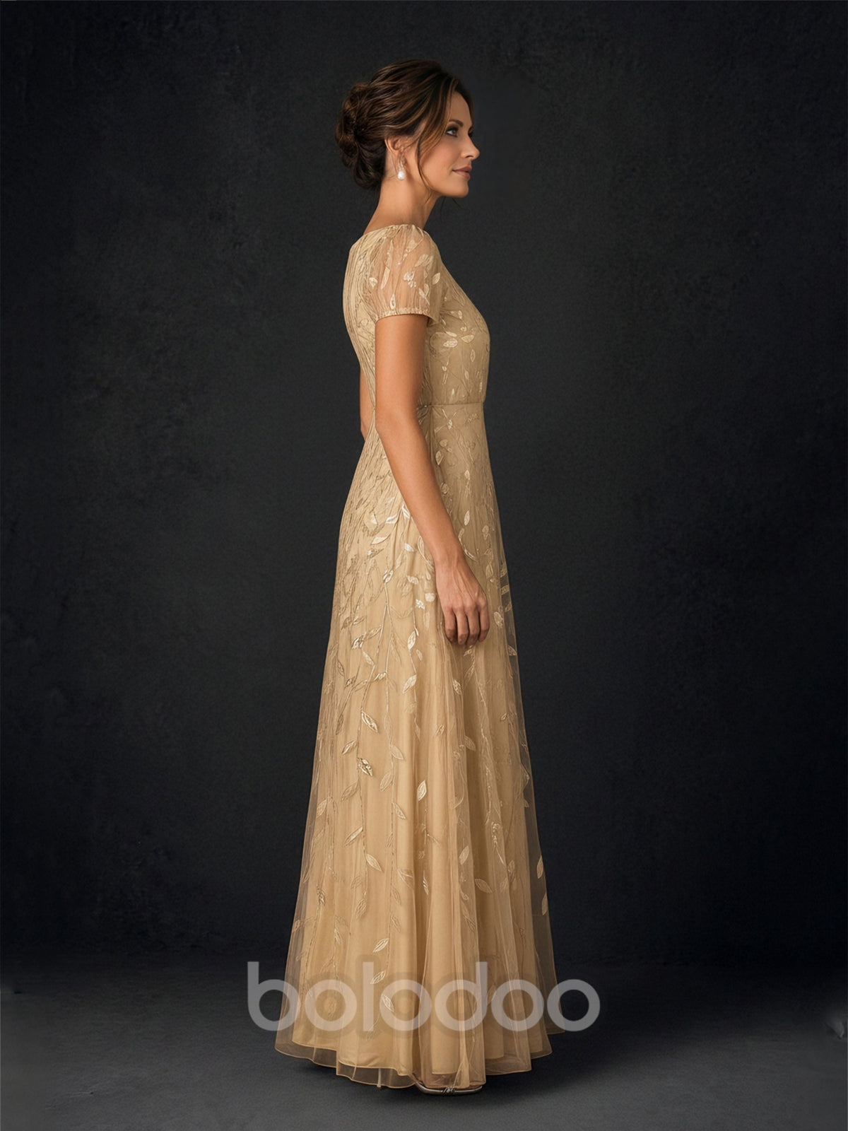 BOLODOO Champagne Gold Leaf Embroidered A-Line Formal Gown with Cap Sleeves | BOLODOO watermark