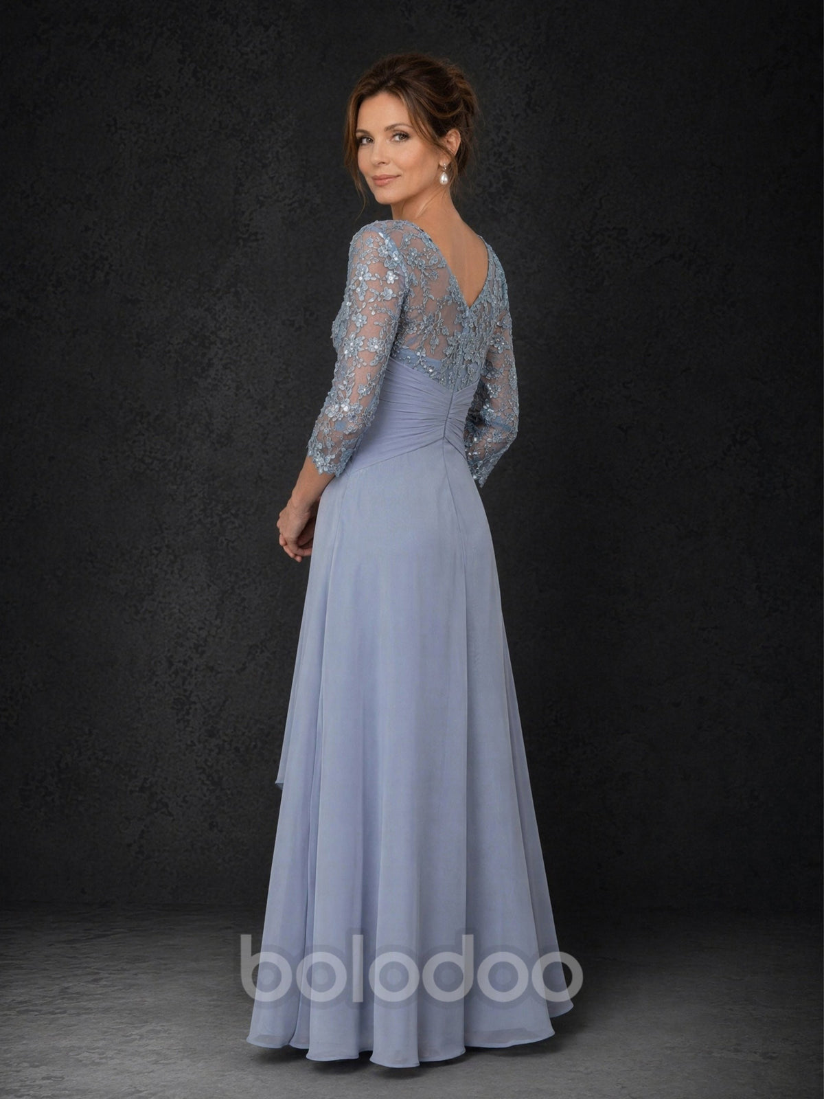 BOLODOO Dusty Blue Sequin Lace & Chiffon Tea-Length Mother of the Bride Dress with 3/4 Sleeves | BOLODOO watermark