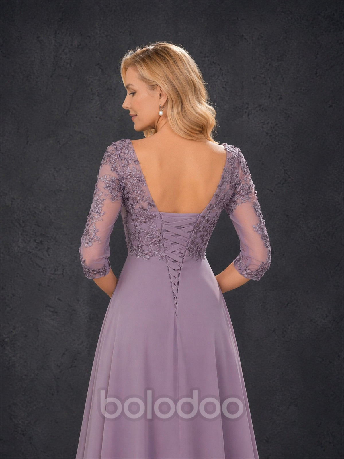 BOLODOO Mauve Purple Lace Applique Chiffon Hi-Low Mother of the Bride Dress with 3/4 Sleeves | BOLODOO watermark