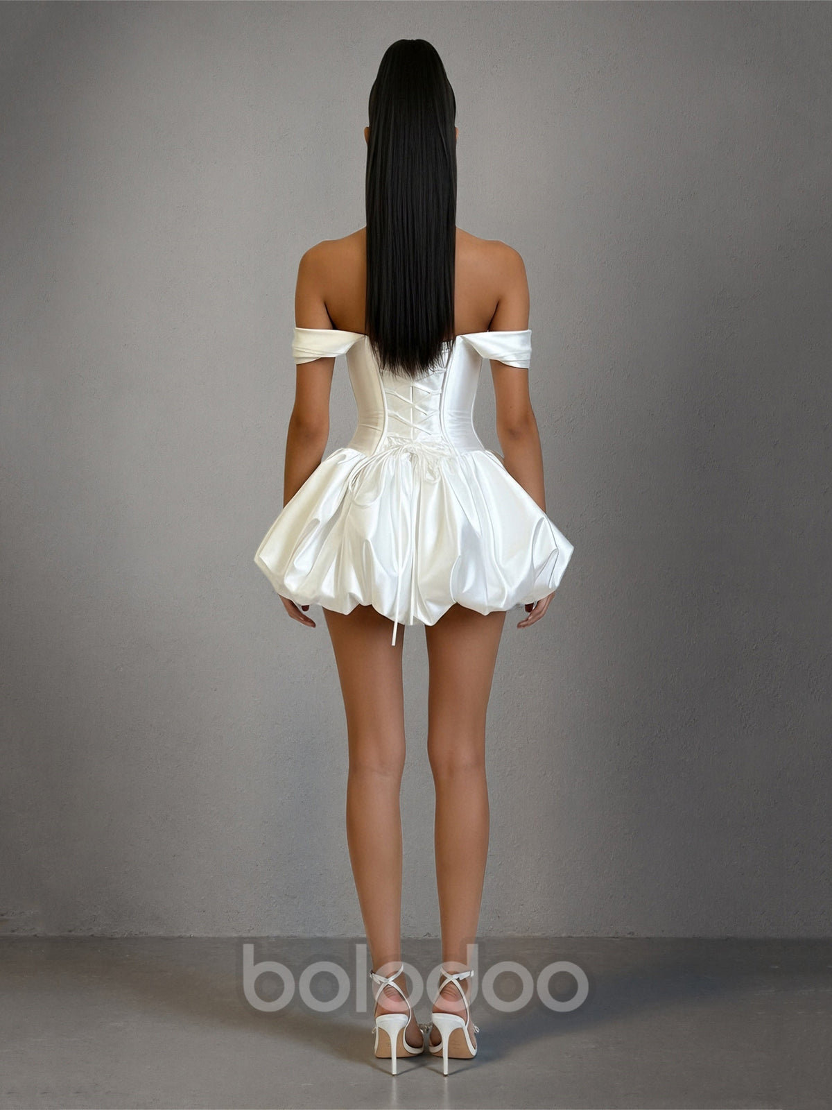 BOLODOO White Off-Shoulder Satin Corset Bubble Mini Dress | BOLODOO watermark