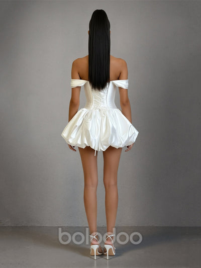 BOLODOO White Off-Shoulder Satin Corset Bubble Mini Dress | BOLODOO watermark