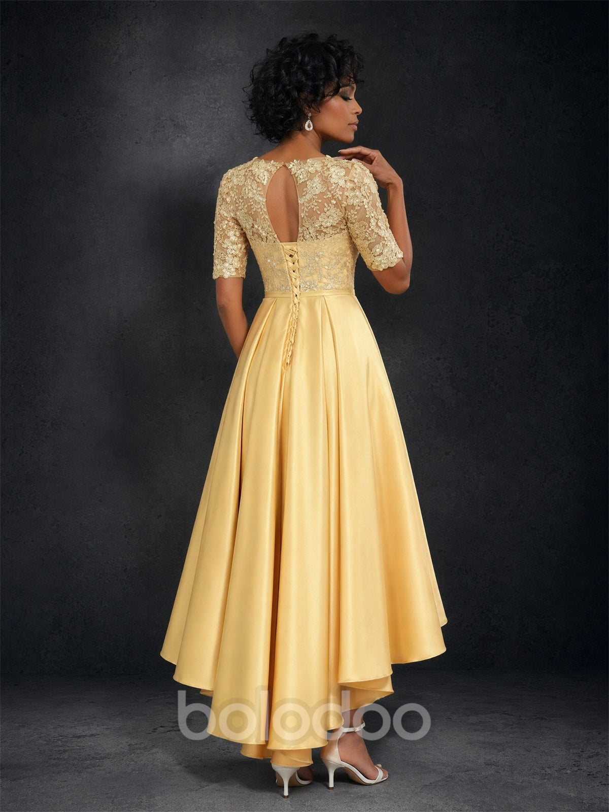 BOLODOO Gold Lace Hi-Low A-Line Mother of the Bride Dress with Half Sleeves | BOLODOO watermark