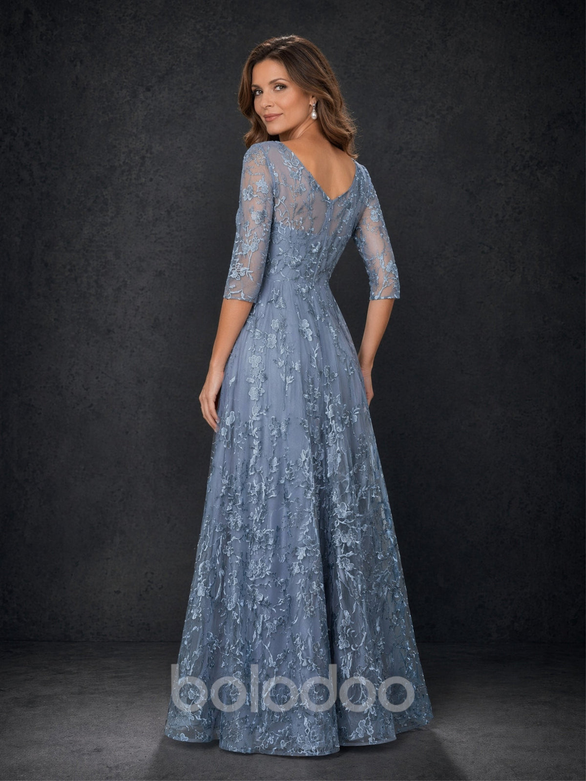 BOLODOO Steel Blue Floral Lace A-Line Mother of the Bride Dress with 3/4 Sleeves | BOLODOO watermark