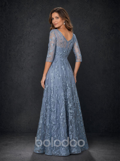 BOLODOO Steel Blue Floral Lace A-Line Mother of the Bride Dress with 3/4 Sleeves | BOLODOO watermark