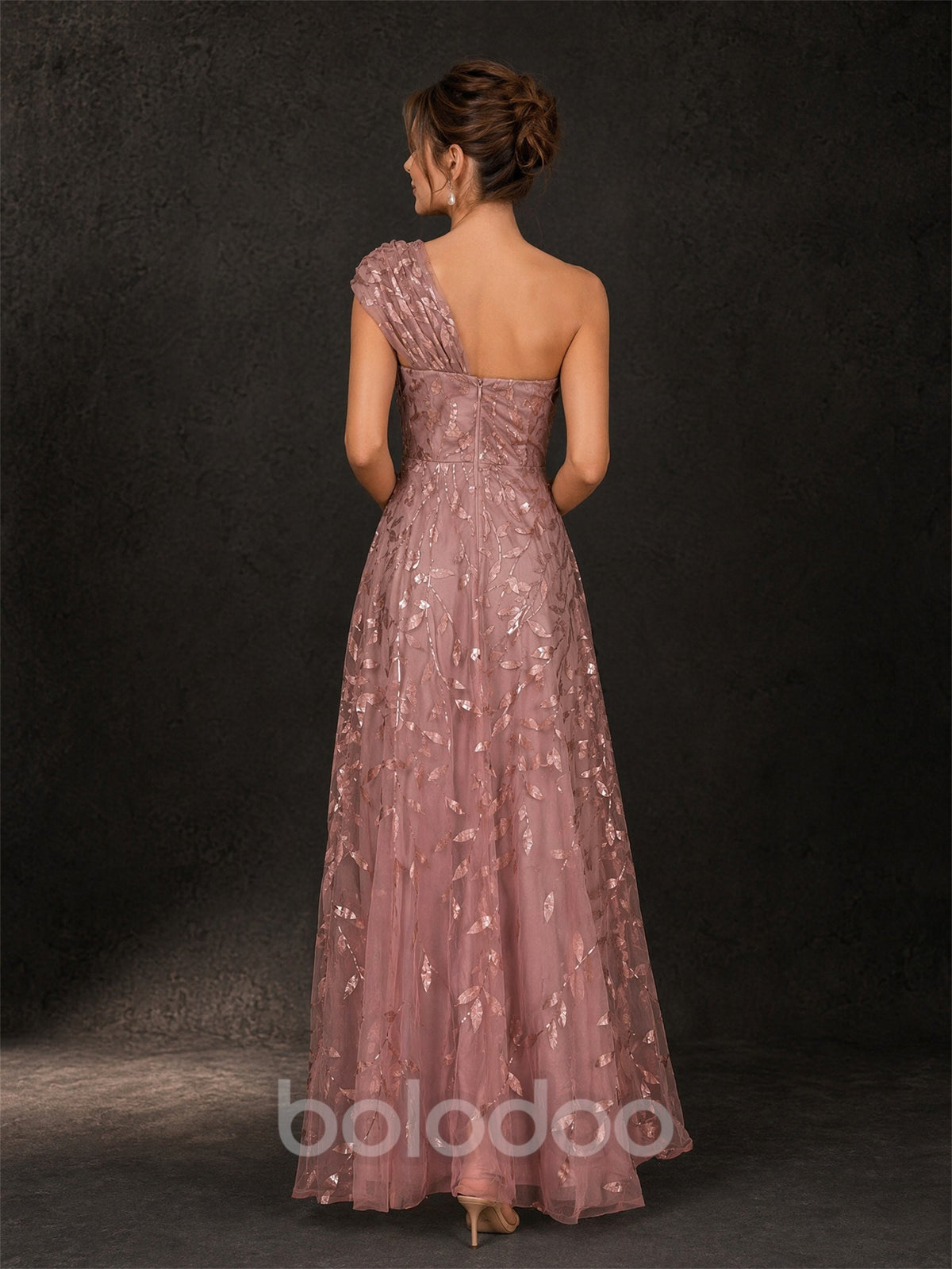 BOLODOO Dusty Rose Gold Leaf Sequin One-Shoulder A-Line Maxi Gown – Mother of the Bride & Formal Evening Dress | BOLODOO watermark