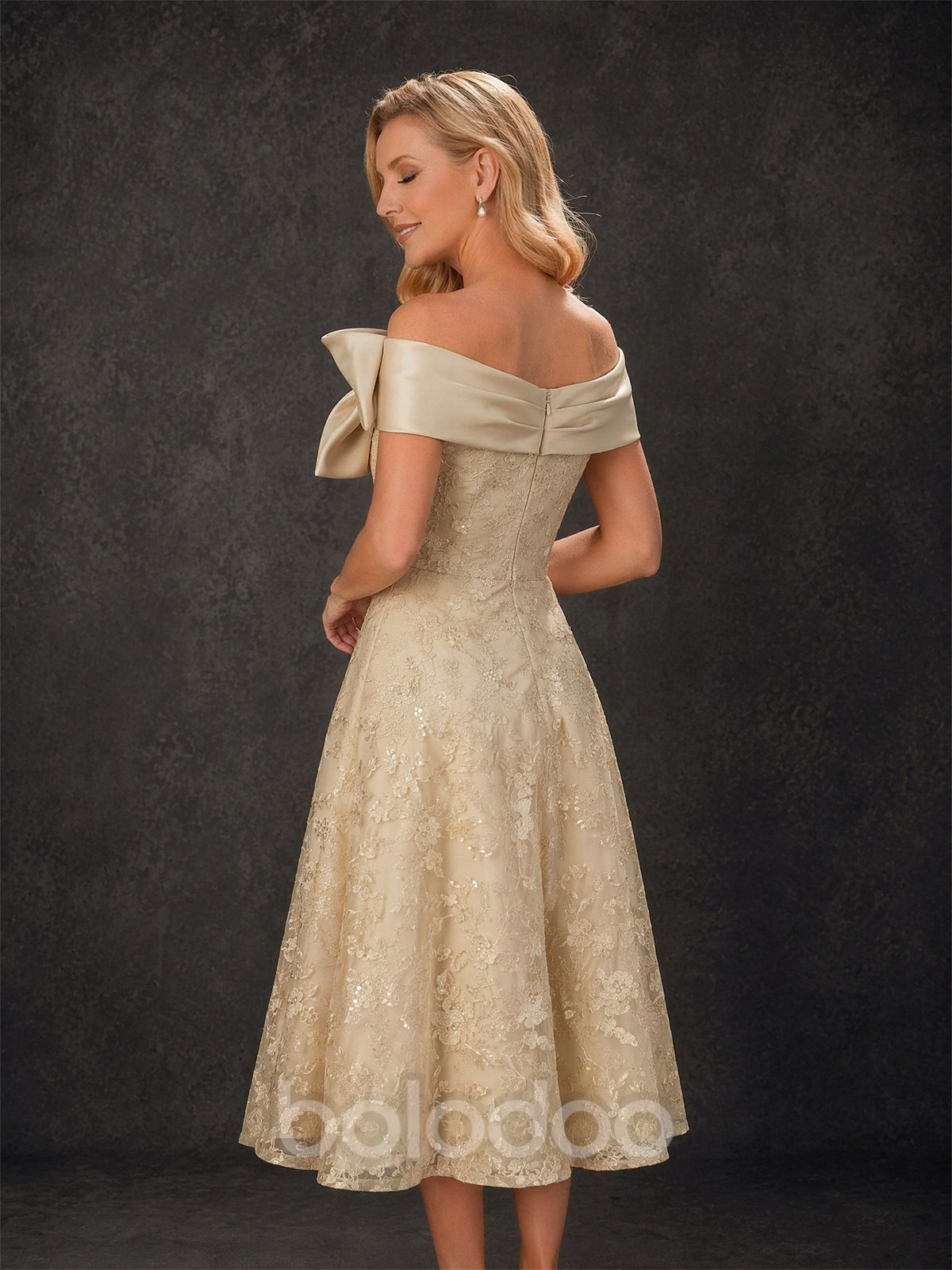 BOLODOO Champagne Gold Lace Off-Shoulder Bow A-Line Tea-Length Dress – Mother of the Bride & Formal Cocktail Gown | BOLODOO watermark