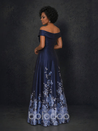 BOLODOO Navy Blue Floral Print Off-Shoulder Satin A-Line Maxi Gown – Mother of the Bride & Formal Evening Dress | BOLODOO watermark