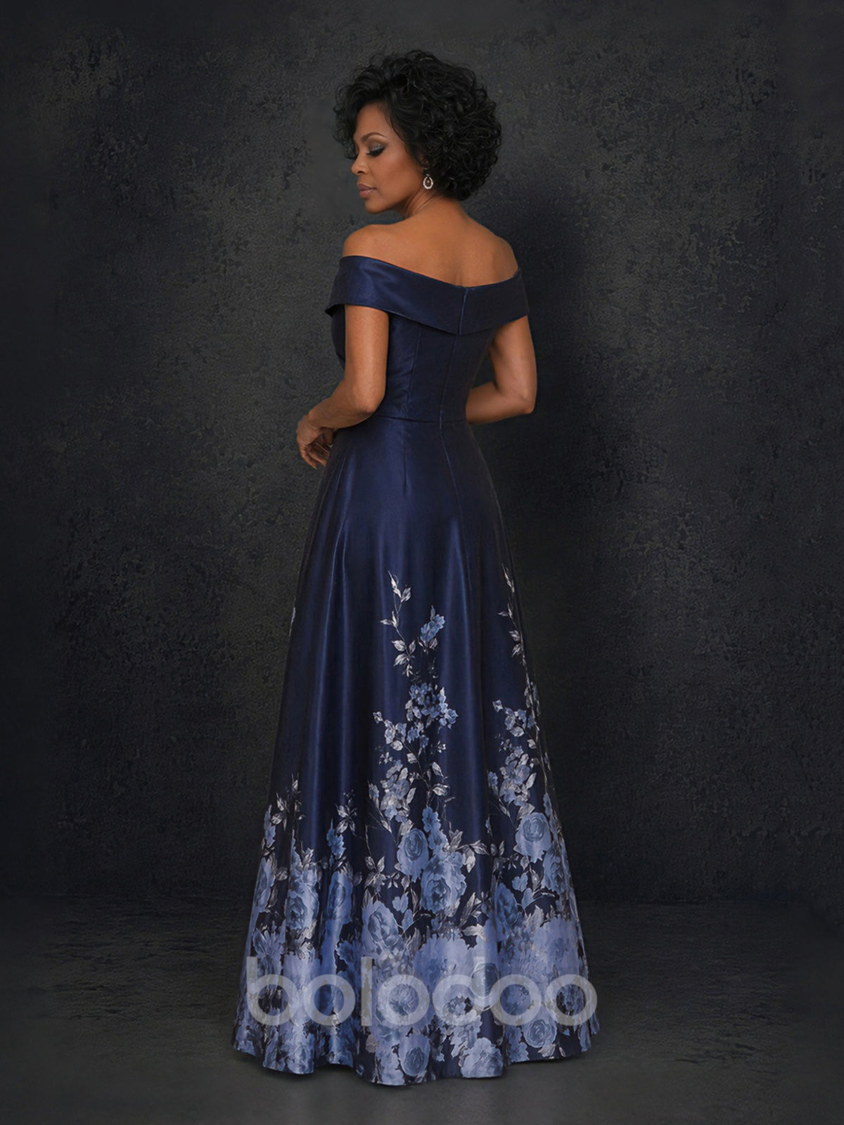 BOLODOO Navy Blue Floral Print Off-Shoulder Satin A-Line Maxi Gown – Mother of the Bride & Formal Evening Dress | BOLODOO watermark