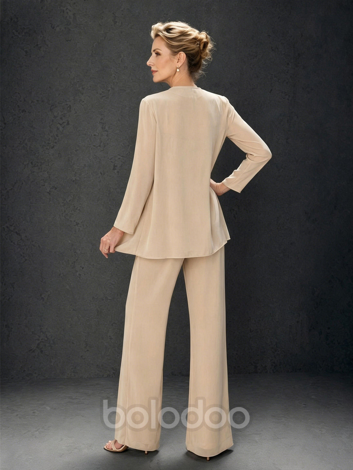 BOLODOO Champagne 3-Piece Mother of the Bride Pant Suit with Beaded Top & Chiffon Jacket | BOLODOO watermark