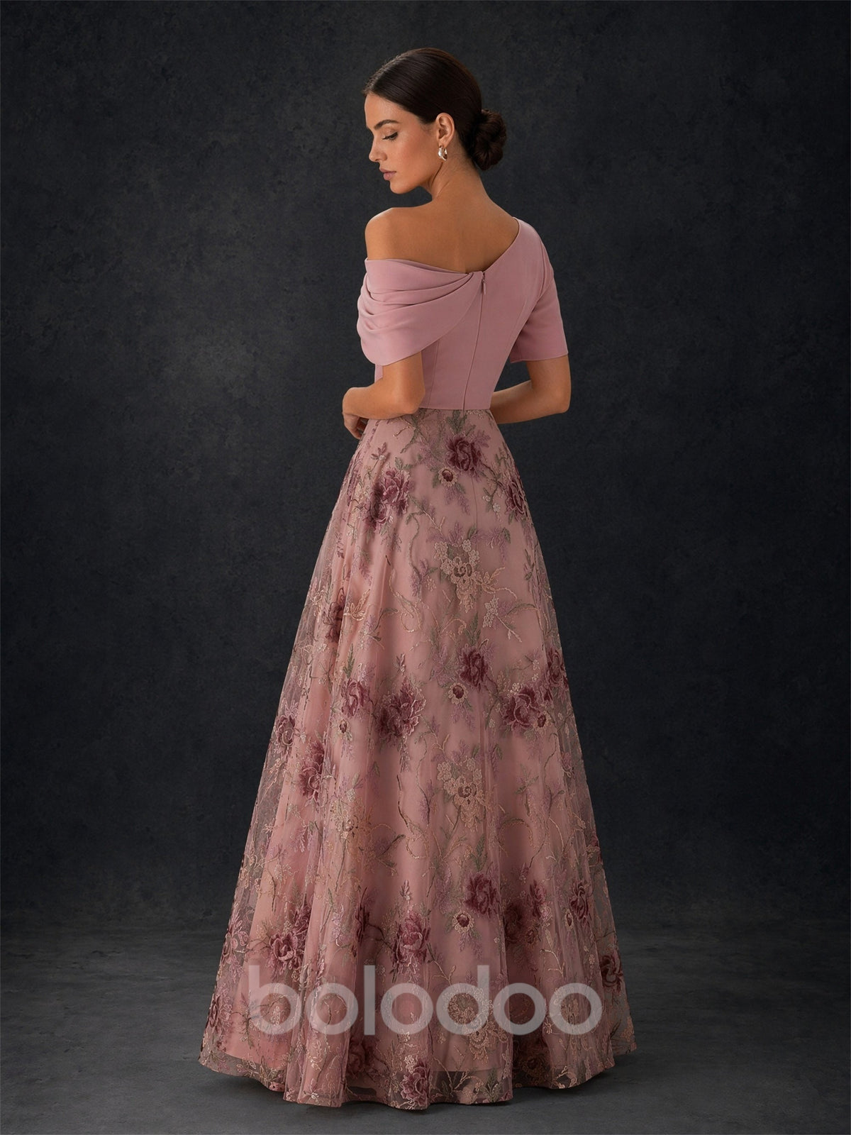 BOLODOO Blush Pink Off-Shoulder Draped Satin & Burgundy Floral Embroidered Tulle A-Line Gown – Short Sleeve Floor Length | BOLODOO watermark