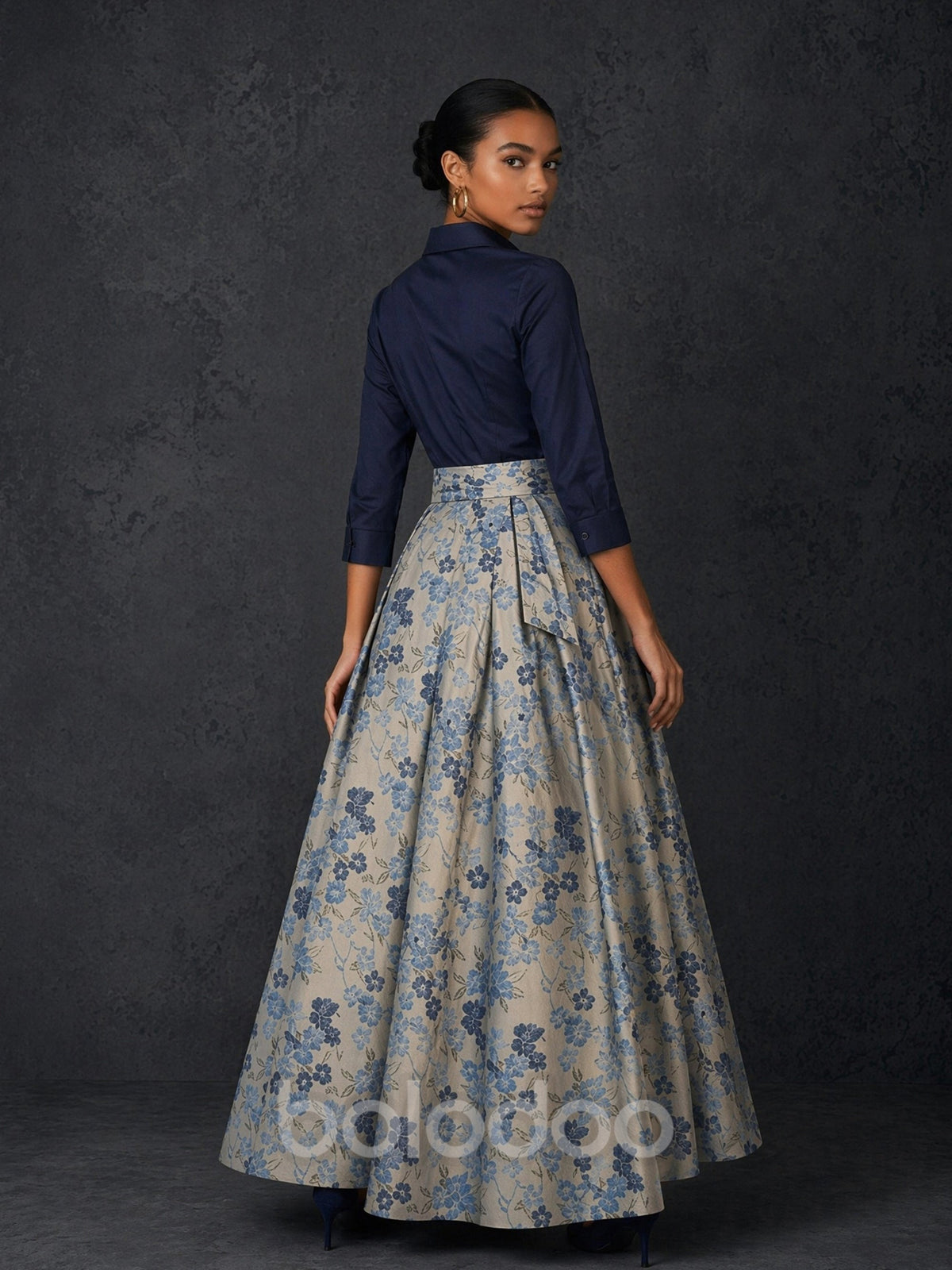 BOLODOO Navy Blue Shirt & Silver Blue Floral Jacquard Ball Skirt 2-Piece Set – 3/4 Sleeve Bow Belt Floor Length Mother o | BOLODOO watermark