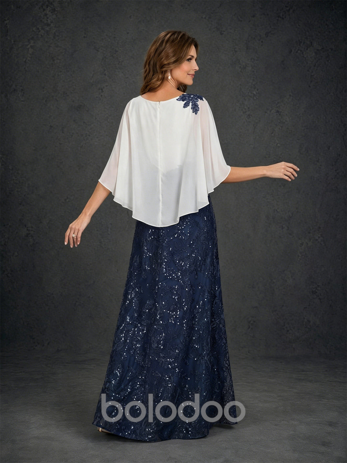BOLODOO Navy Blue Sequin Lace Maxi Dress with White Chiffon Cape Sleeve – Mother of the Bride Gown | BOLODOO watermark