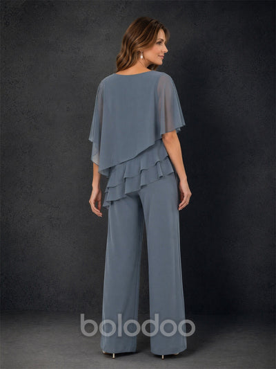 BOLODOO Dusty Blue Chiffon Tiered Flutter Sleeve Top & Wide-Leg Pants Suit – Mother of the Bride Outfit | BOLODOO watermark