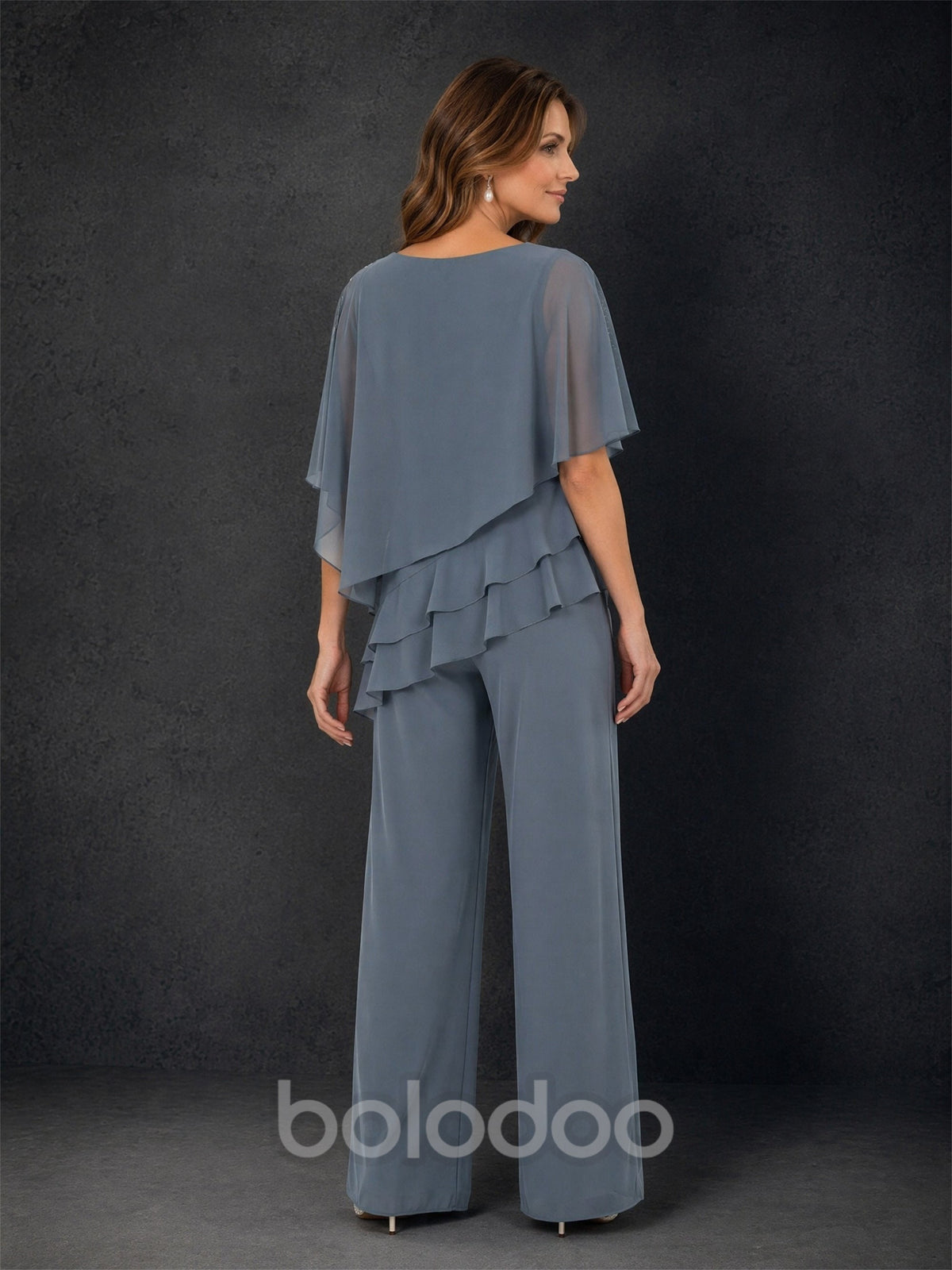 BOLODOO Dusty Blue Chiffon Tiered Flutter Sleeve Top & Wide-Leg Pants Suit – Mother of the Bride Outfit | BOLODOO watermark