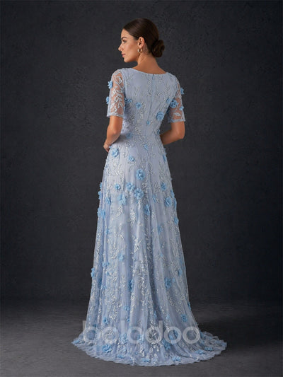 BOLODOO Dusty Blue 3D Floral Embroidered Tulle Maxi Gown – V-Neck Short Sleeve Mother of the Bride Dress | BOLODOO watermark