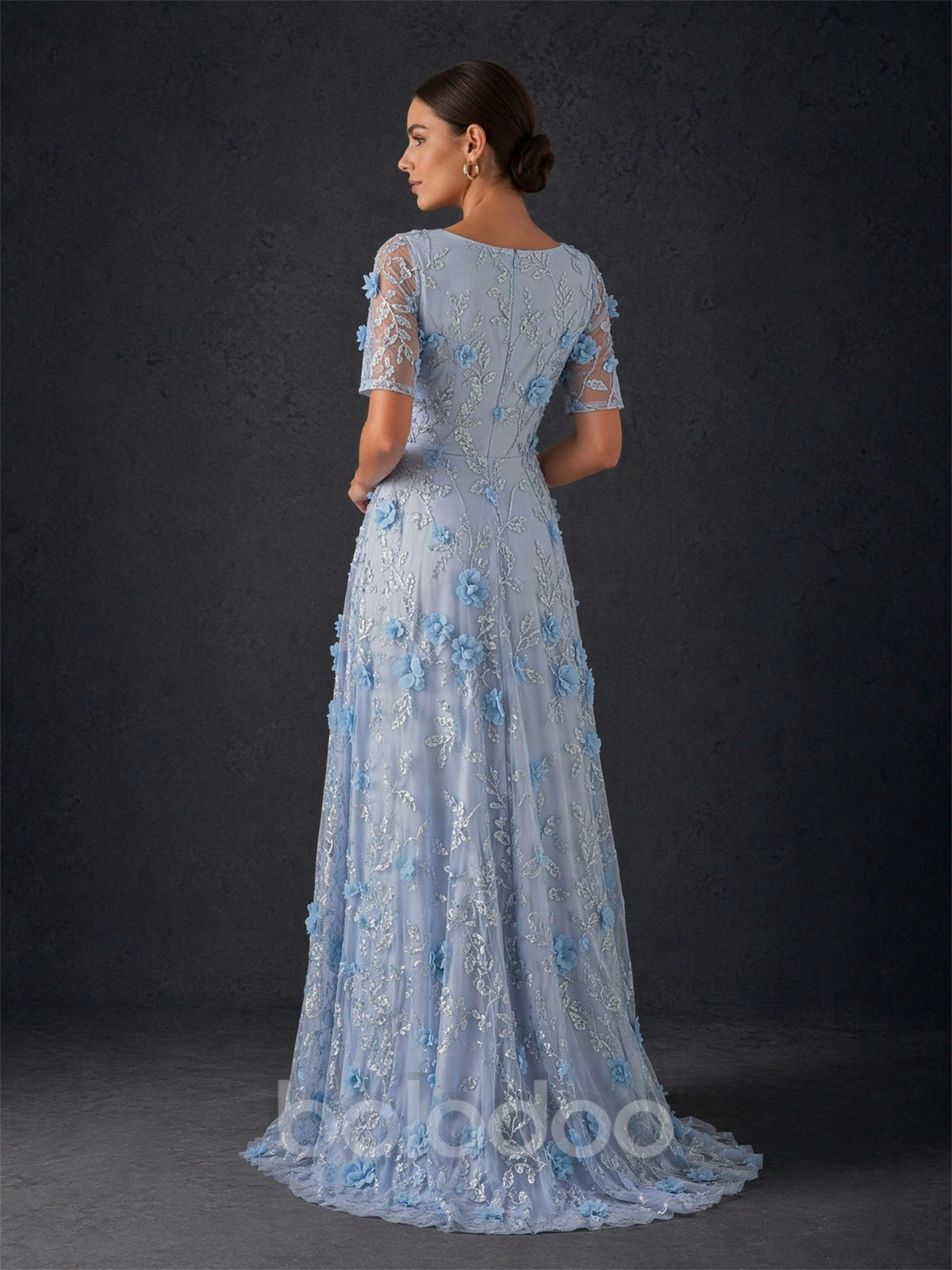 BOLODOO Dusty Blue 3D Floral Embroidered Tulle Maxi Gown – V-Neck Short Sleeve Mother of the Bride Dress | BOLODOO watermark