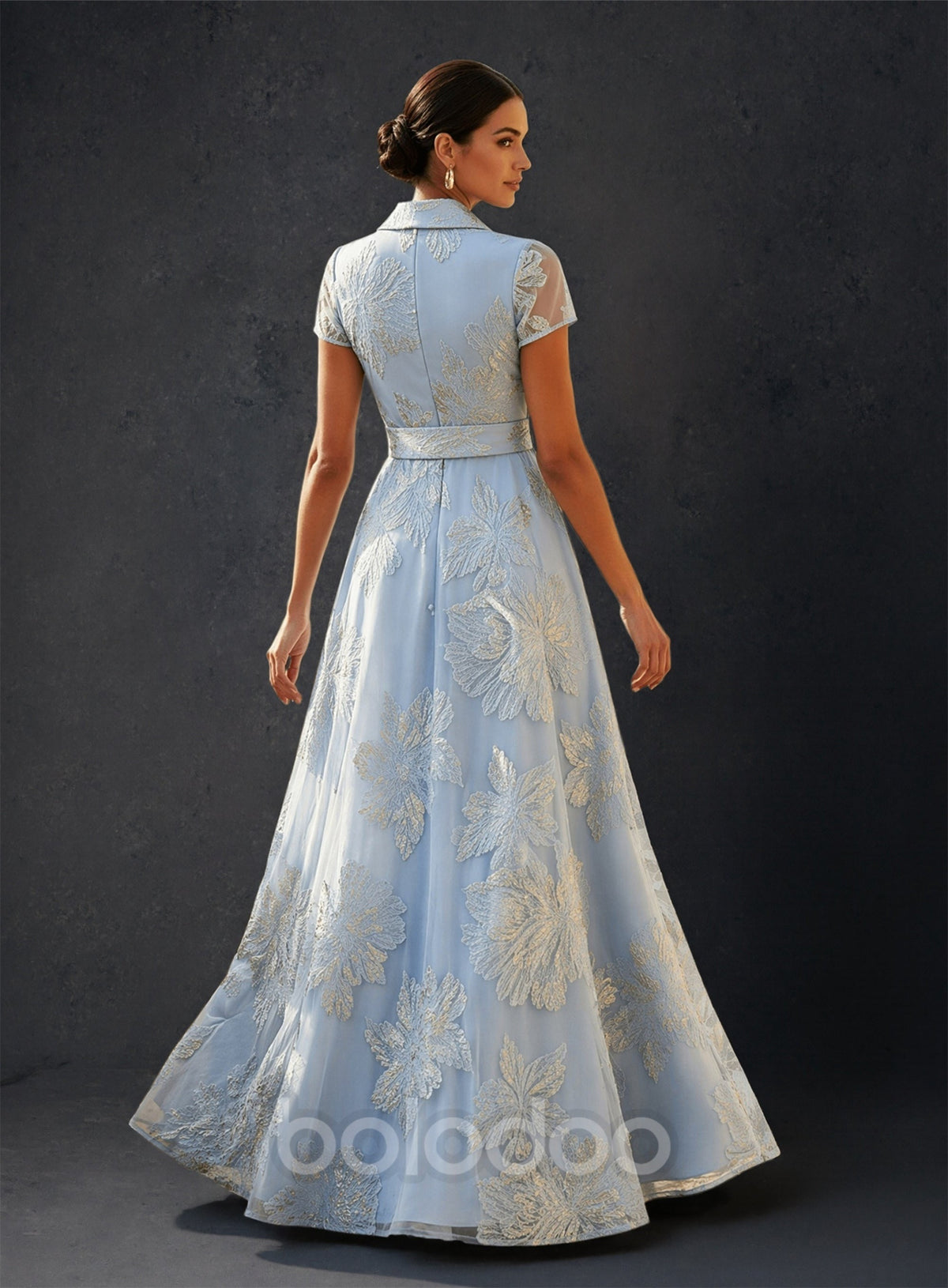 BOLODOO Light Blue Metallic Jacquard Wrap Maxi Gown – Shawl Collar Short Sleeve Mother of the Bride Dress | BOLODOO watermark