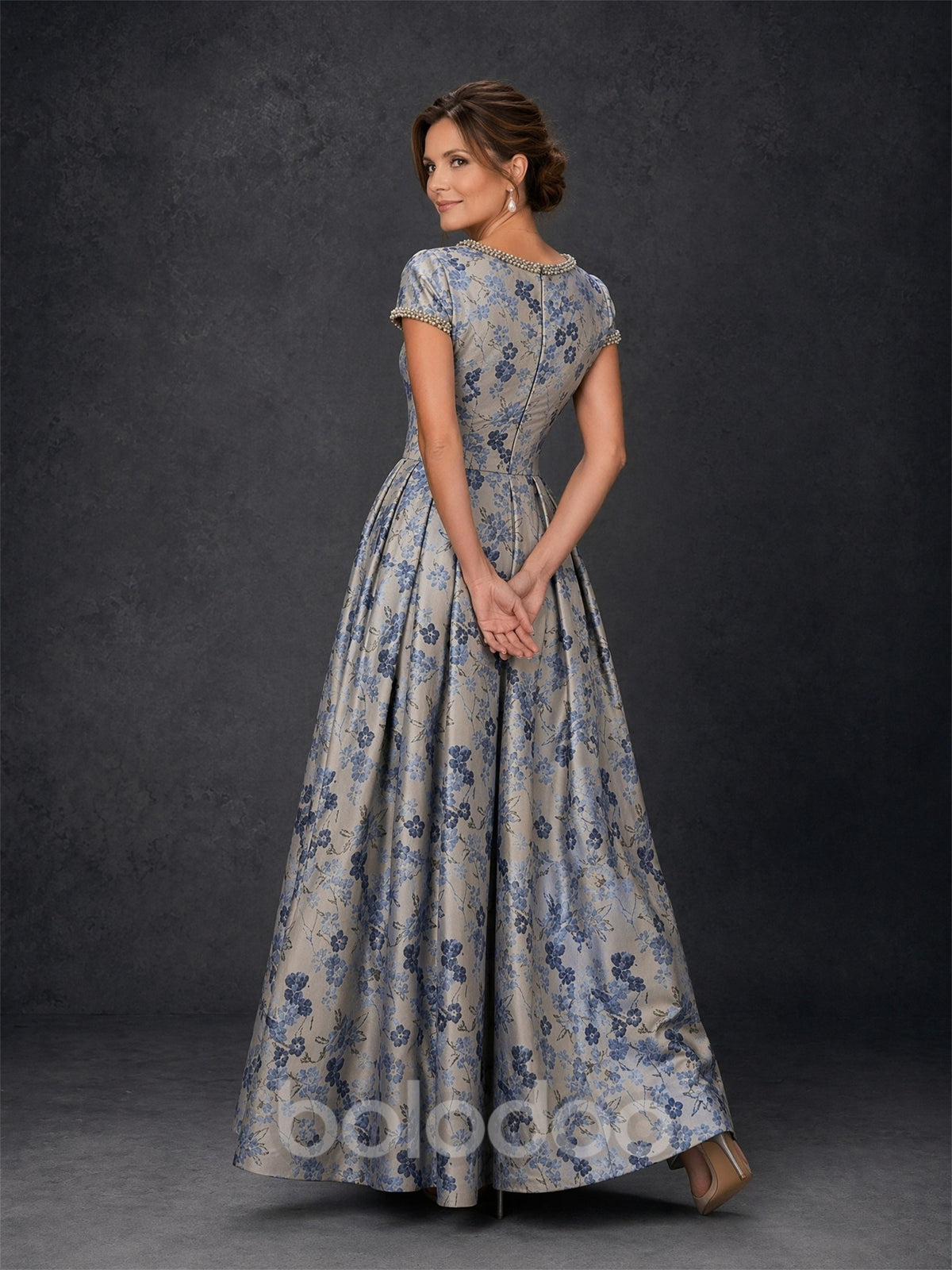 BOLODOO Blue Floral Jacquard Ball Gown – Pearl Trim Short Sleeve Mother of the Bride Dress | BOLODOO watermark