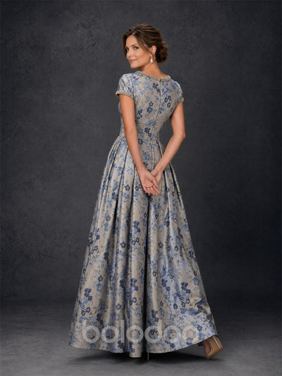 BOLODOO Blue Floral Jacquard Ball Gown – Pearl Trim Short Sleeve Mother of the Bride Dress | BOLODOO watermark