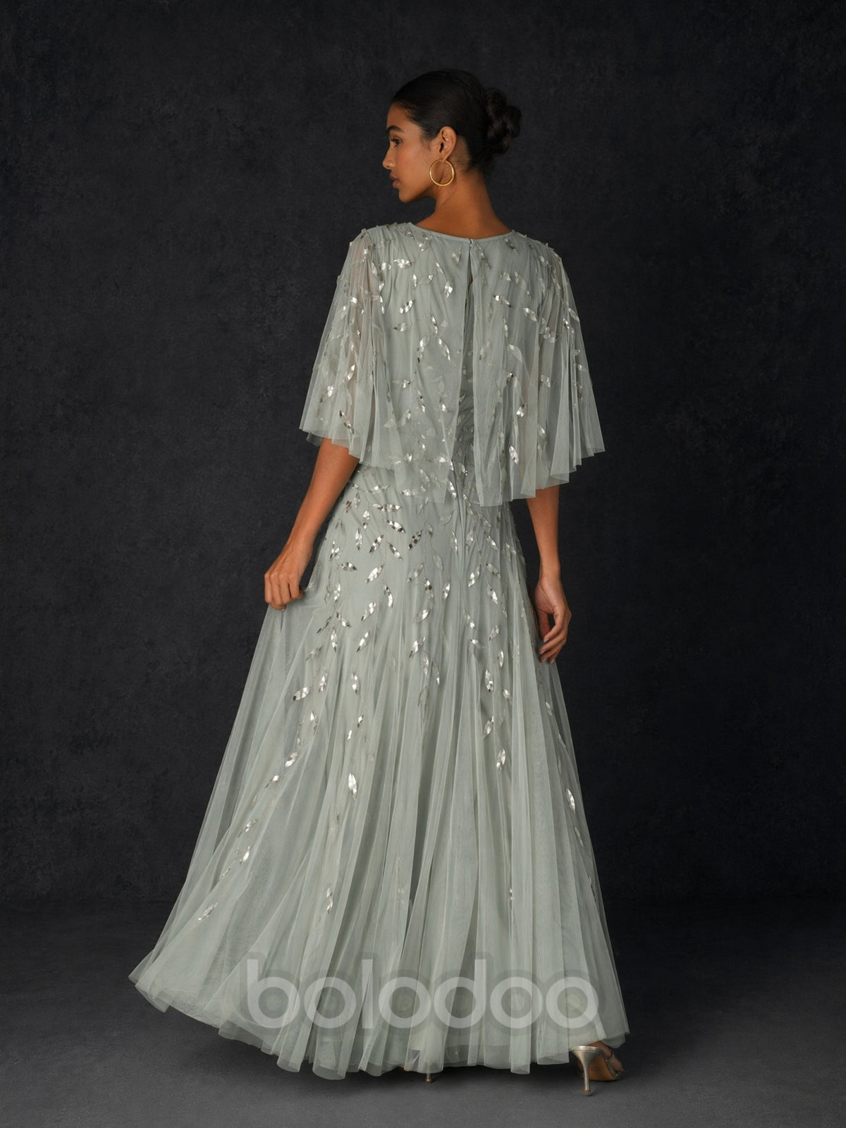 BOLODOO Sage Green Sequin Leaf Embroidered Flutter Sleeve Maxi Dress – A-Line Floor Length Mother of the Bride Gown | BOLODOO watermark