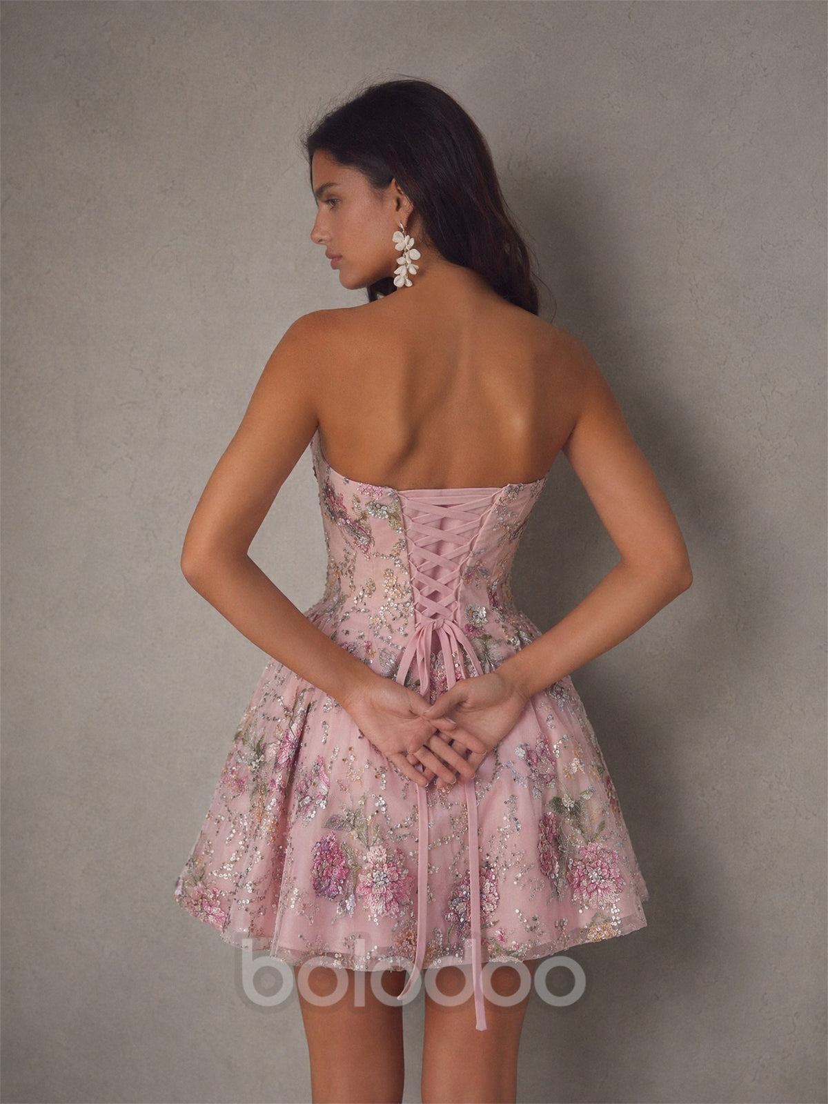 BOLODOO pink floral sequin strapless corset mini dress - full length side view | BOLODOO watermark