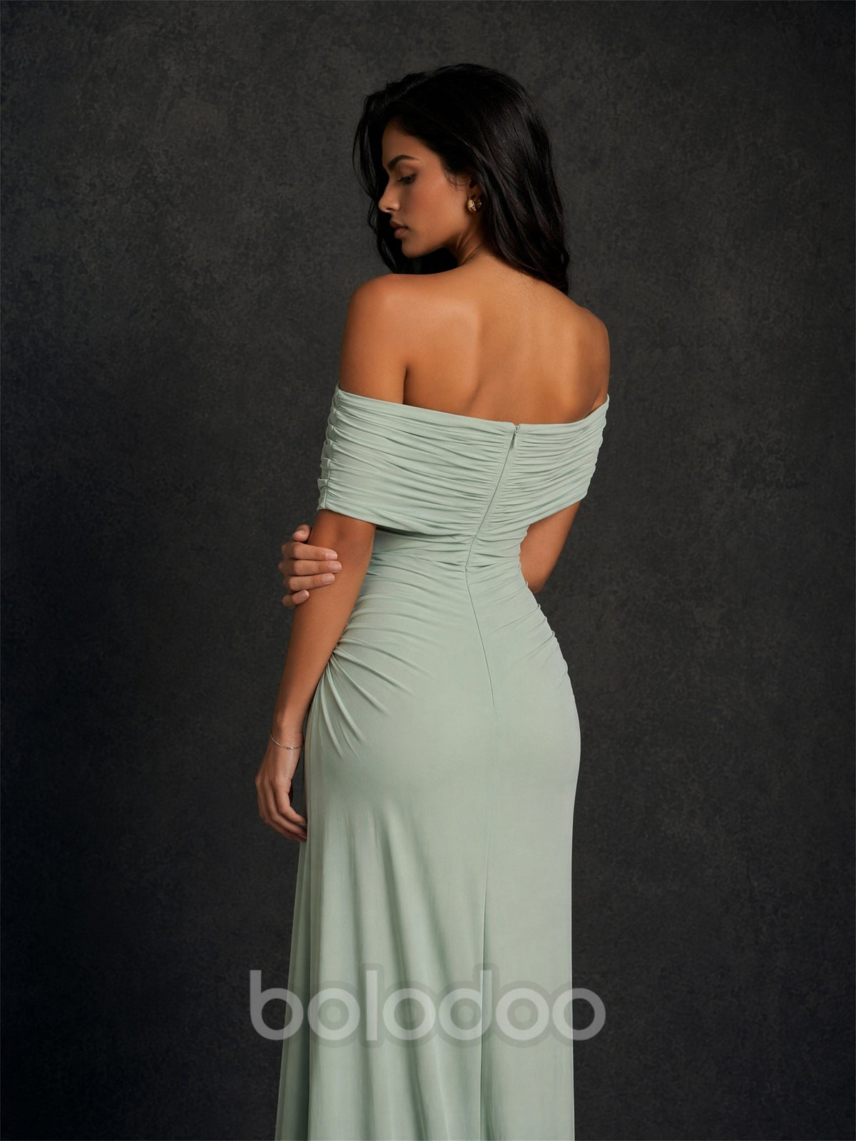 BOLODOO sage green off-shoulder ruched maxi dress - back view showing open back and zip | BOLODOO watermark