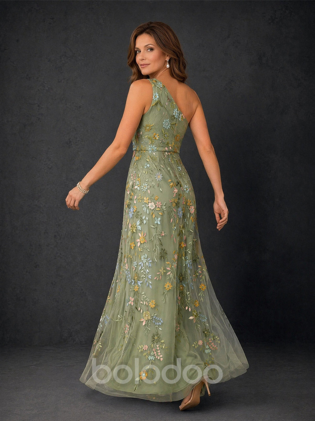 BOLODOO olive green one-shoulder floral embroidered tulle maxi dress - back and side view | BOLODOO watermark