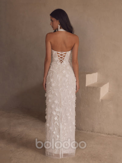 BOLODOO white 3D floral appliqué halter neck maxi dress - back view showing lace-up corset and back slit | BOLODOO watermark