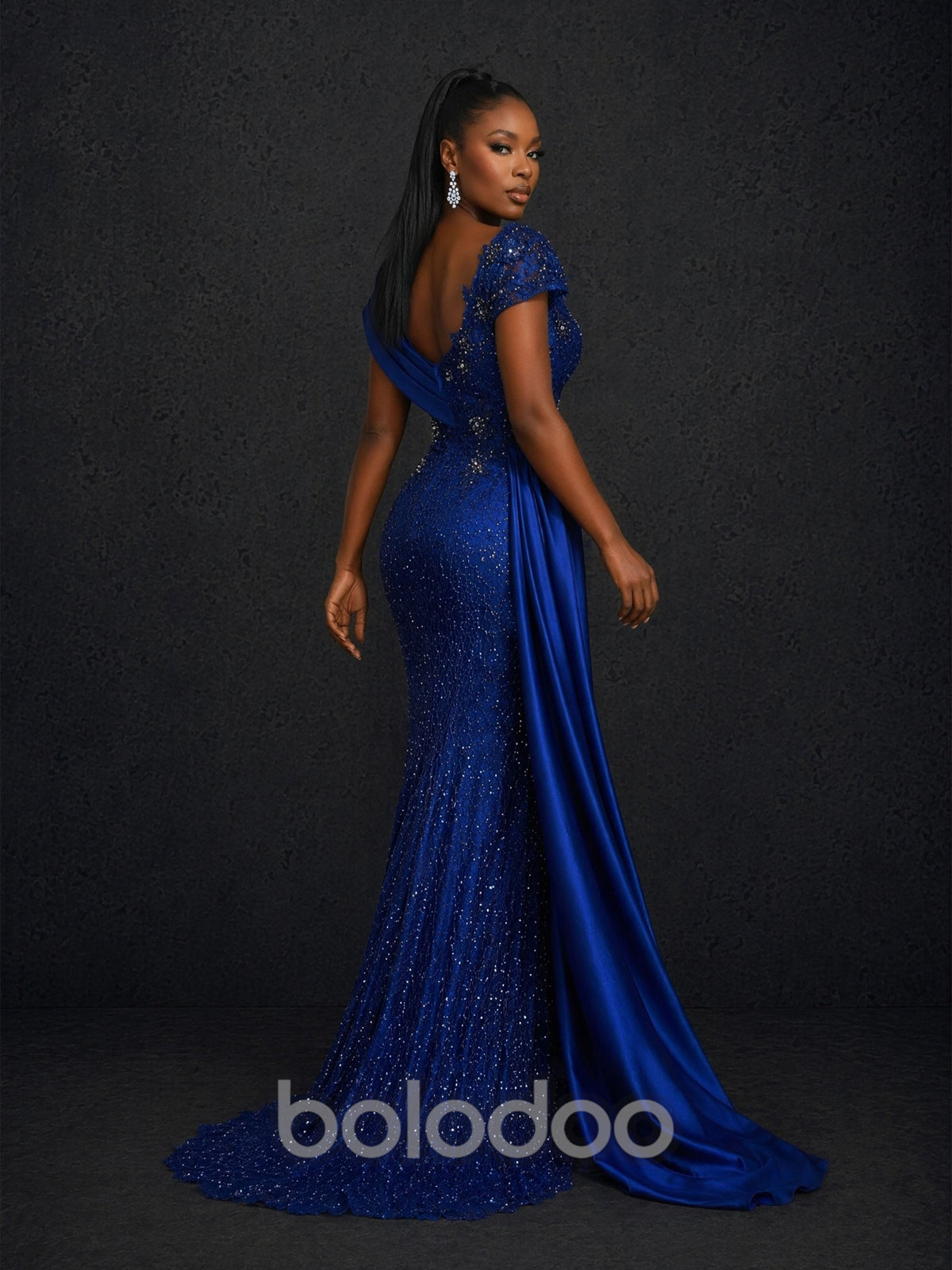 BOLODOO royal blue sequin lace cap sleeve mermaid maxi dress - close up bodice scalloped neckline and crystal bead detail | BOLODOO watermark